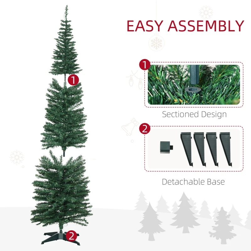 HOMCOM 7' Tall Pre-Lit Slim Noble Fir Artificial Pencil Christmas Tree with 200 Warm White LED Lights and 499 Tips, for Christmas Decoration, Green