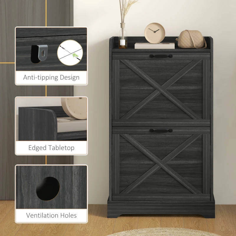 HOMCOM Slim Shoe Storage Cabinet, Farmhouse Shoe Cabinet with 2 Flip Drawers, Adjustable Shelves for 8 Pairs, Distressed Grey