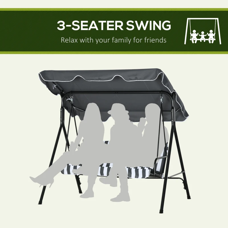 Outsunny 3-Seat Outdoor Patio Swing Chair w/ Cushion, Steel Frame Stand, Adjustable Tilt Canopy for Patio, Garden, Gray & White