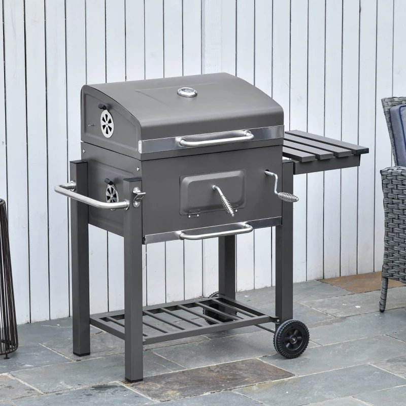 Outsunny BBQ Trolley Charcoal Grill Portable Stainless Steel Barbecue Tool Kits for Camping Hiking Picnic Backyard w/ Wheels and Side Shelf