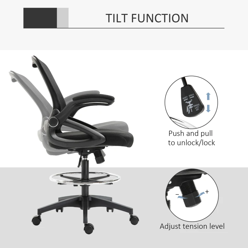 Vinsetto Adjustable Drafting Chair Tall Office Stand-Up Chair with Flip-up Armrest and Foot Ring, 360° Swivel, Black
