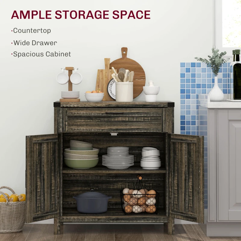 HOMCOM Farmhouse Kitchen Storage Cabinet, Sideboard Buffet Cabinet with 2 Rustic Barn Doors and Drawer, Dark Oak