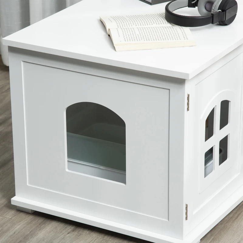 PawHut Cat Litter Box Enclosure Hidden Cat Furniture Cabinet Indoor Cat Washroom Double-door Nightstand End Table with Cat Hole Window White
