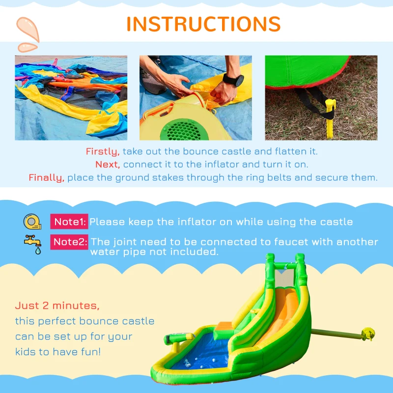 Outsunny 6 in 1 Inflatable Water Slide for Kids Backyard Water Park Castle Bounce House Extra Large Crocodile Style with Basket, Cannon, Pool, Climbing Wall, Slide and Carrybag Without Air Blower
