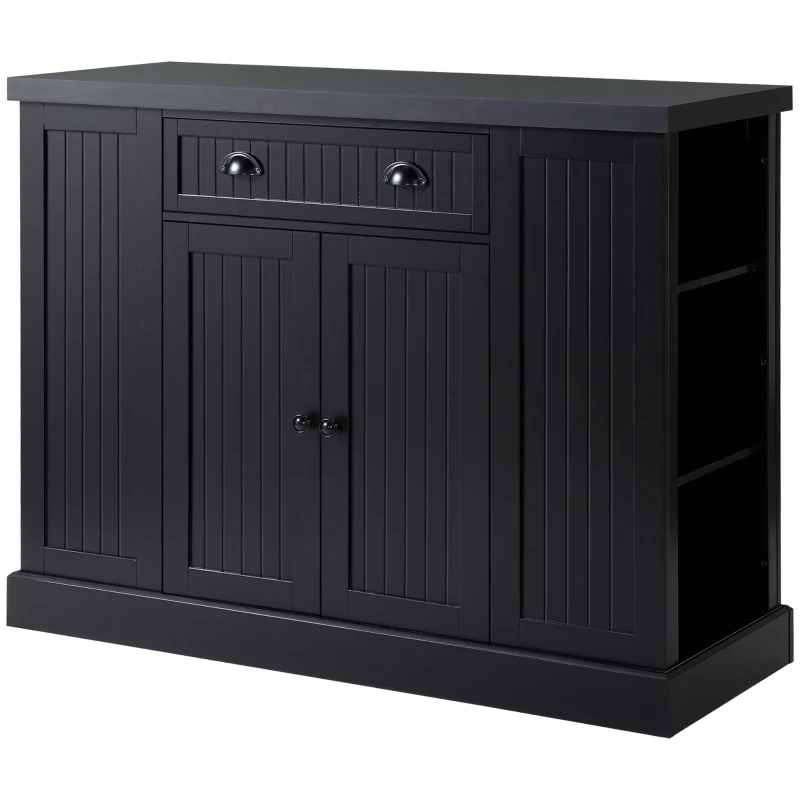 HOMCOM Cottage Kitchen Island with Storage, Buffet Cabinet with Drawer, 2-Door Cupboard, 4 Adjustable Side Open Shelves for Dining Room, Black