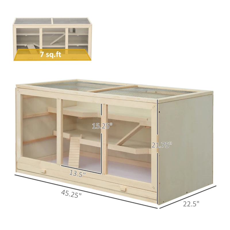PawHut 45" Extra Large Wooden Hamster Cage, 3-Layer Rat Cage with Opening Roof, PVC Window, Small Animal Habitat for Gerbil, Dwarf & Syrian Hamsters, Natural