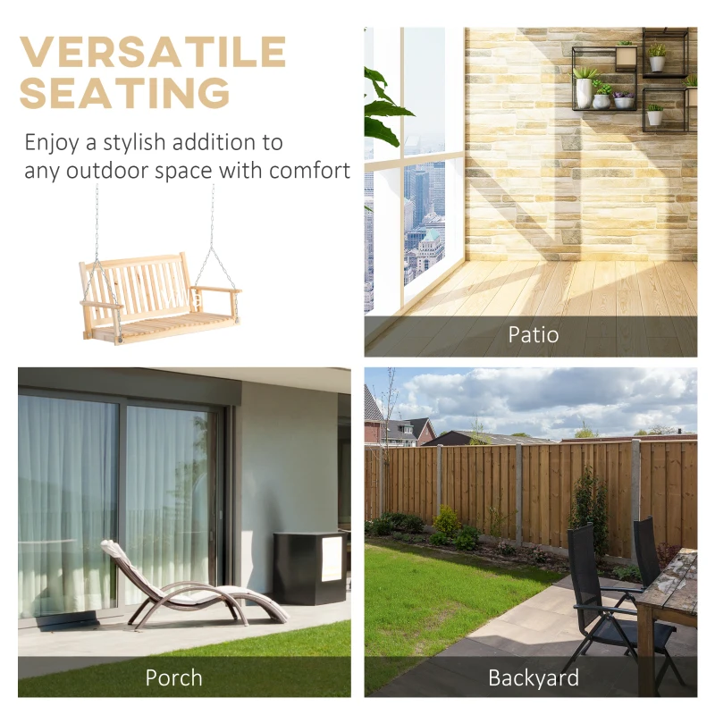 Outsunny 2-People Porch Swing Bench, Patio Swing Chair with 2 Adjustable Hanging Chains for Deck, Garden, Backyard, Natural