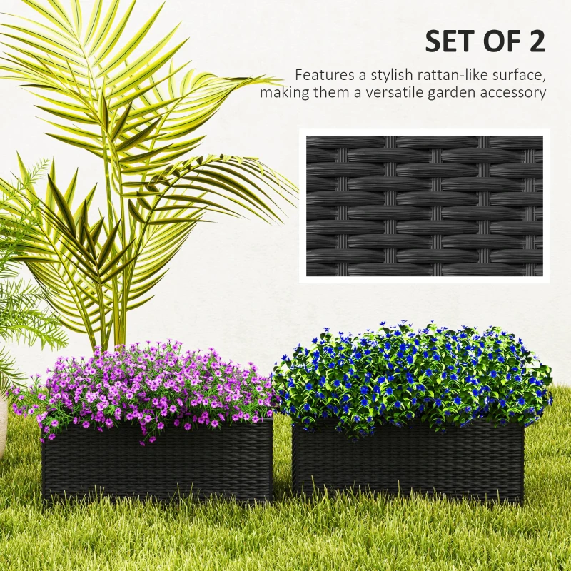 Outsunny 2 Pack 20 Inch Railing Flower Pots, Hanging Flower Pots with Hooks, Drainage Holes for Fence, Rattan Look, Black