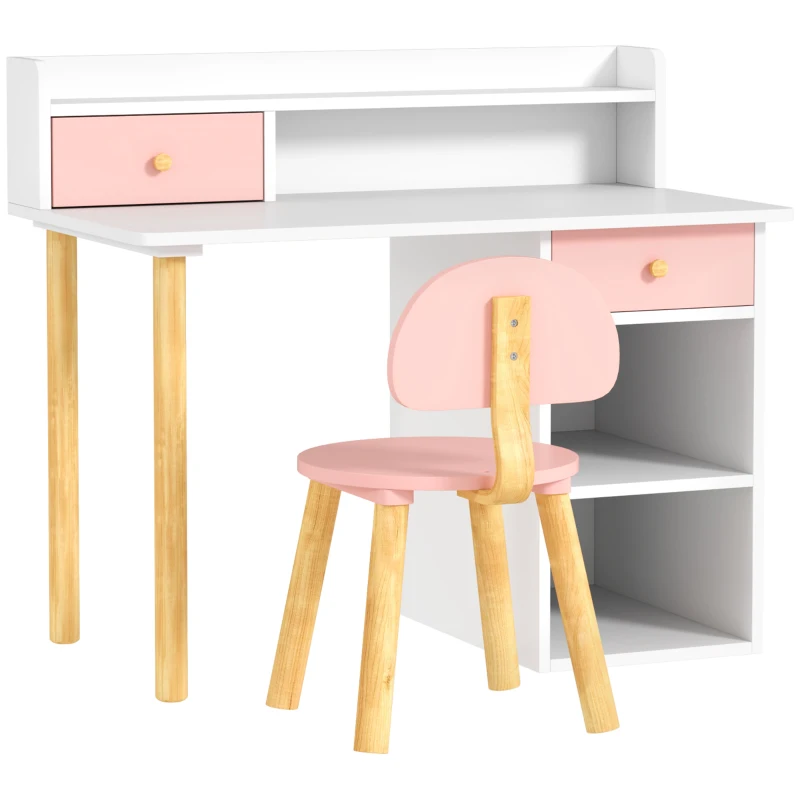 Qaba Kids Study Table and Chair Set, Kids Desk and Chair Set w/ Storage and Shelves, for 3-8 Year Old, Pink