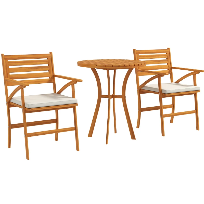 Outsunny 3 Piece Patio Set, Small Patio Table and Chairs, Wooden Outdoor Bistro Set w/ Cushions, Round Coffee Table, Brown
