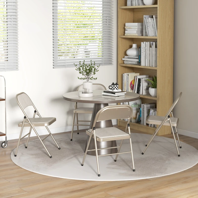 HOMCOM Set of 4 Metal Foldable Chairs, Linen Fabric Padded Folding Chairs with Cushion Seat and Open Back for Indoor, Beige