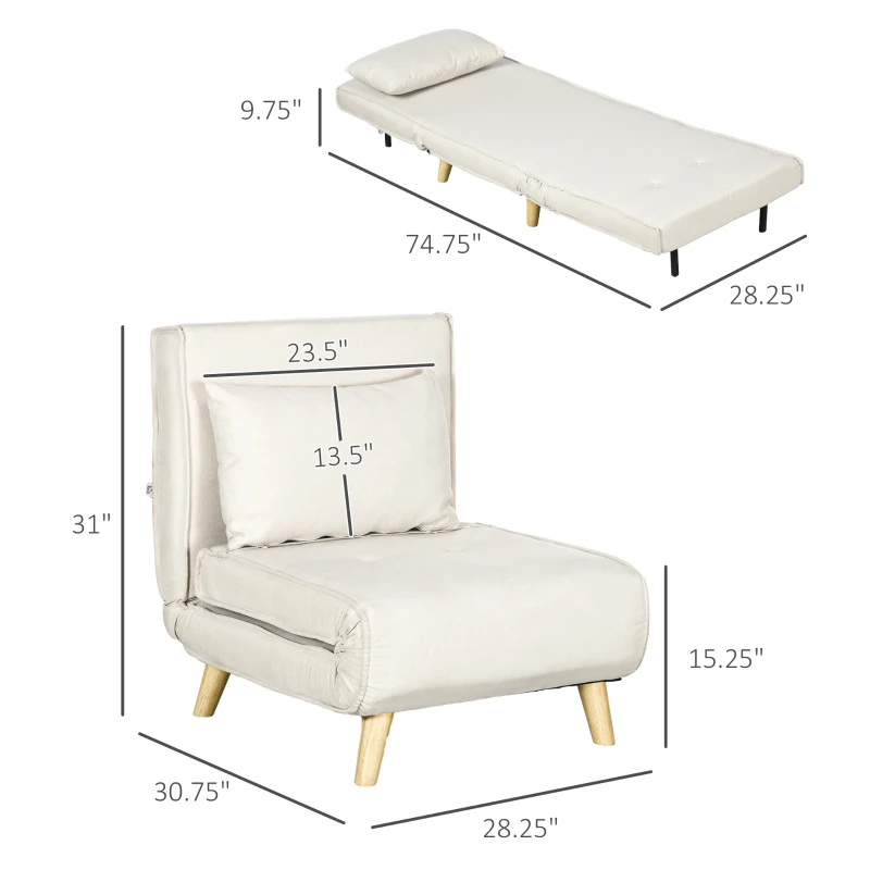 HOMCOM Chair Bed W/ Adjustable Backrest, 2-in-1 Multi-Functional Sofa Bed, Beige
