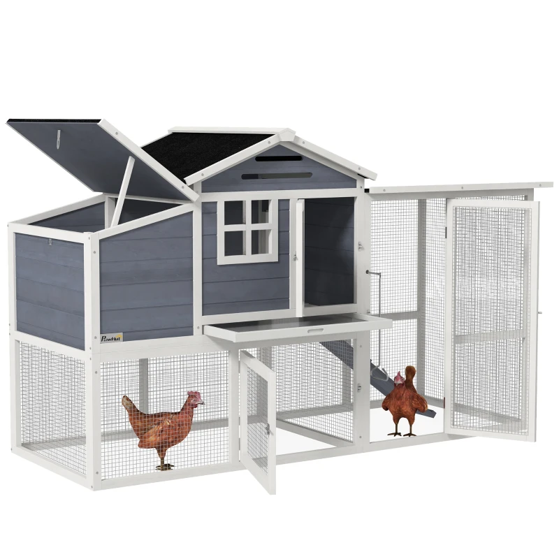 PawHut 76" Wooden Chicken Coop with Outdoor Run, Nesting Box, Removable Tray and Lockable Doors, Grey