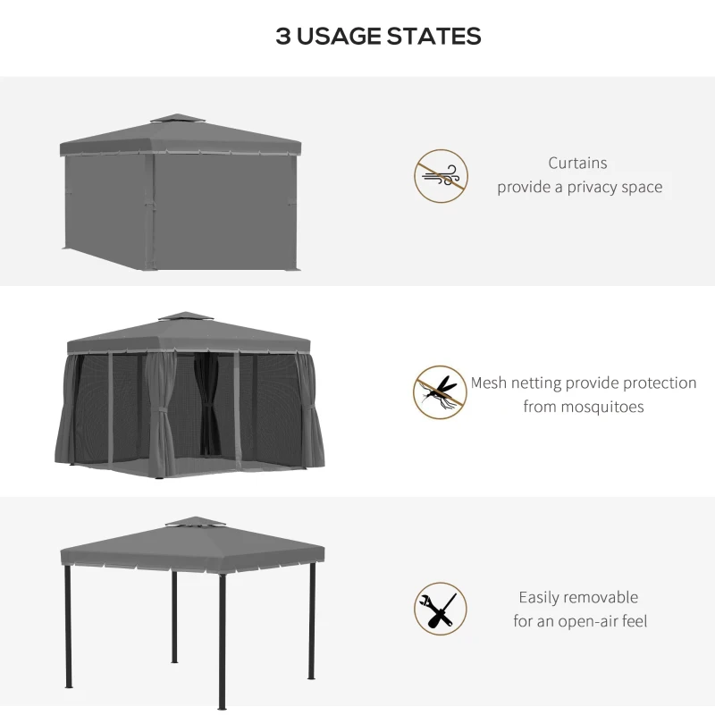 Outsunny 10' x 10' 2-Tier Outdoor Gazebo Canopy Tent with Zippered Mesh Sidewalls, Aluminum Frame for Patio, Backyard, Dark Grey