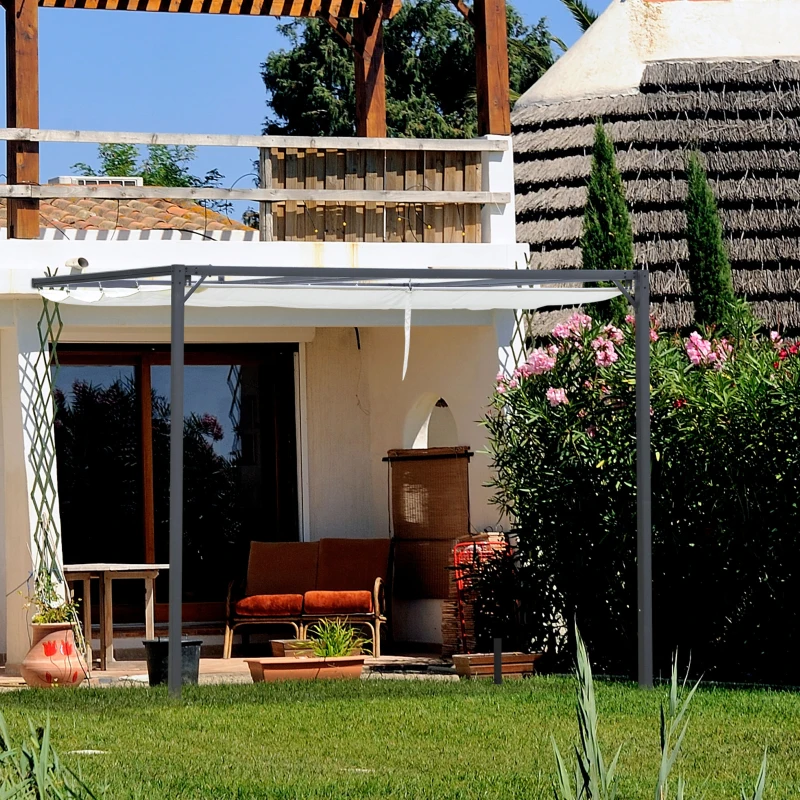 Outsunny 10'x10' Outdoor Pergola Gazebo with Retractable Canopy & Metal Frame & PA Coated Sun Shelter Door Porch Cover, Cream White