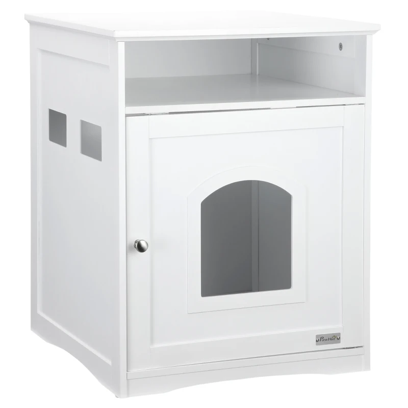 PawHut Cat Litter Box Enclosure Hidden Cabinet Cat Furniture Indoor Cat Washroom Nightstand End Table with Cat-sized Hole Wide Tabletop Storage Shelf (Litter Box Not Included)