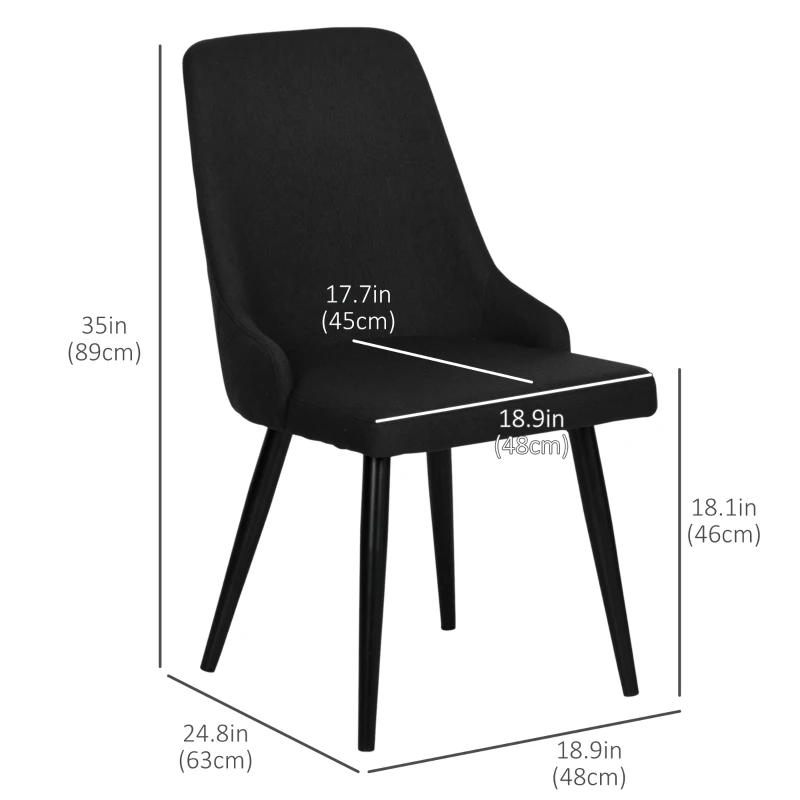 HOMCOM Modern Dining Chair Set of 2, Fabric Upholstered Side Chairs for Kitchen Living Room with Metal Legs, Black
