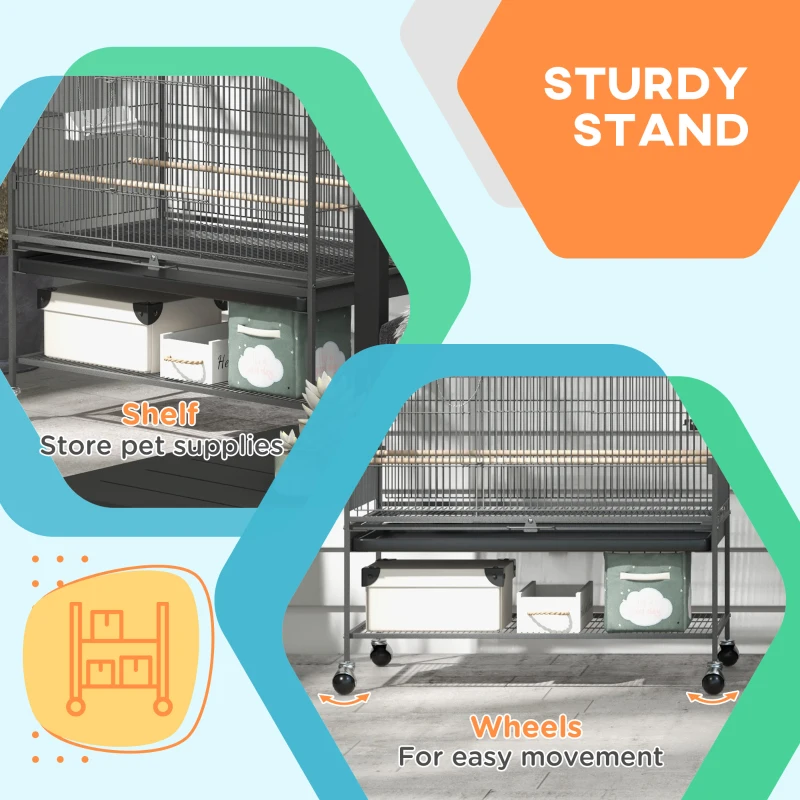 PawHut 60" Bird Cage with Stand for Cockatiels Canaries Lovebirds Finches, Budgie Cage with Wheels, Removable Tray, Storage Shelf