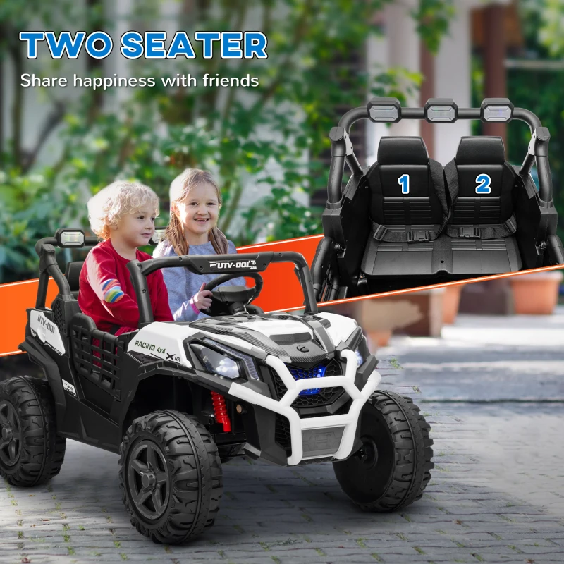 Qaba 2 Seater 24V Kids Electric Car w/ Remote Control, 3 Speed, LED Lights, Music, Horn, Spring Suspension, Slow Start, White