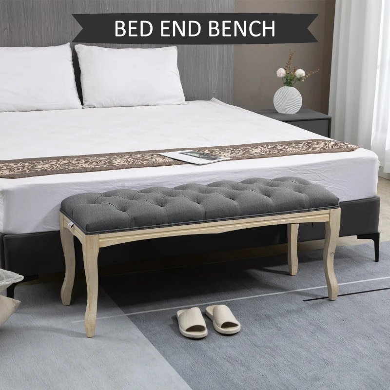 HOMCOM 43" Upholstered Entryway Bench, Linen Fabric Ottoman Stool with Button Tufted Seat, and Rubber Wood Legs for Living Room, Bedroom, or Hallway, Dark Grey