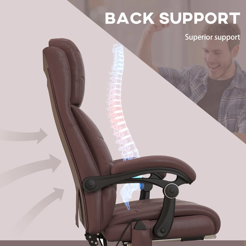 Vinsetto Executive Massage Office Chair with 4 Vibration, Computer Desk Chair, PU Leather Heated Reclining Chair with Adjustable Height, Swivel Wheels, Brown