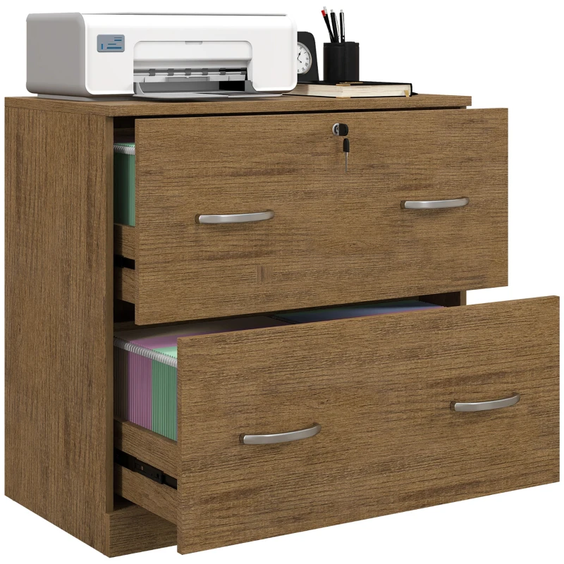 Vinsetto 2 Drawer File Cabinet with Lock, Office Filing Cabinet, Hanging Bar for Letter Size, Home Office, Light Brown