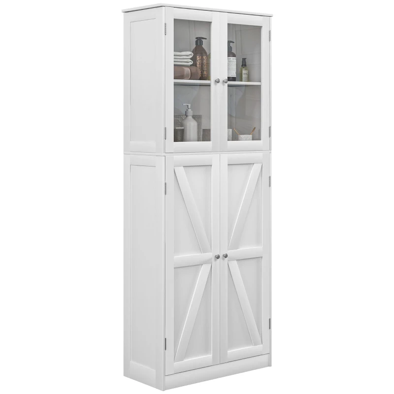 HOMCOM Tall Bathroom Storage Cabinet, Modern Bathroom Cabinet with Glass and Barn Doors, 5-Tier Floor Cabinet, White