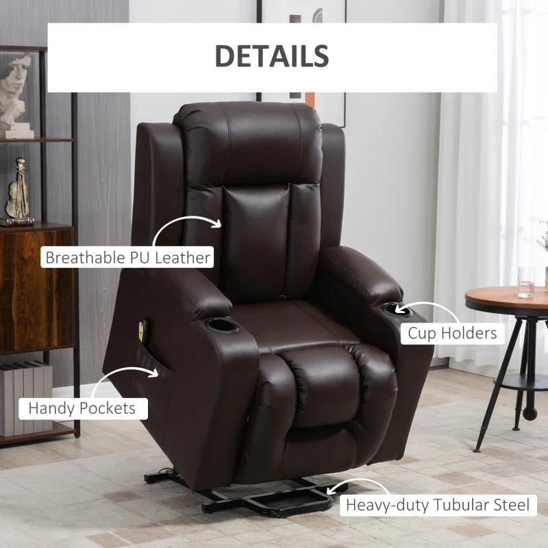 HOMCOM Electric Power Lift Chair, PU Leather Recliner Sofa with Footrest, Remote Control and Cup Holders, Brown
