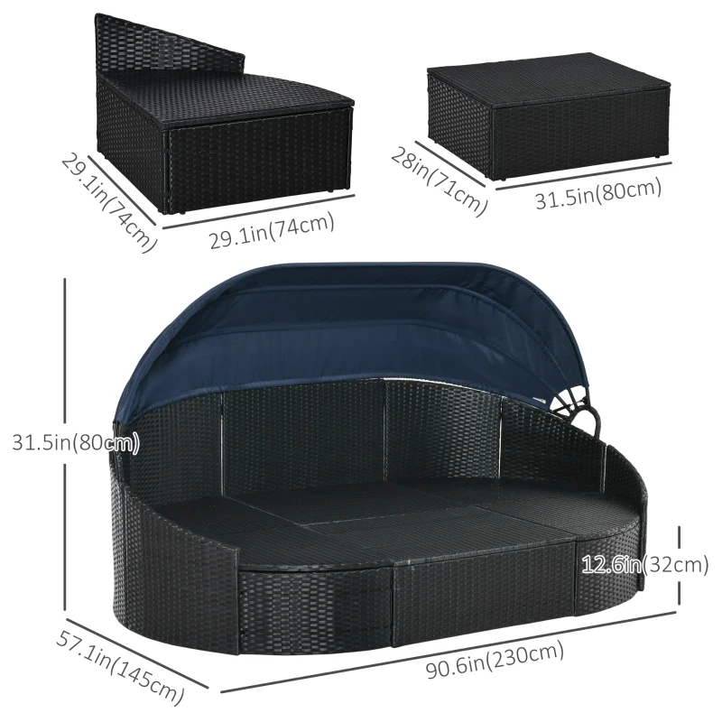 Outsunny 4 Pieces Patio PE Wicker Round Daybed, Outdoor Rattan Garden Lounge Furniture Sets, Dark Blue