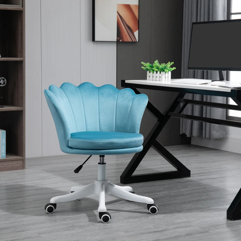 HOMCOM Adjustable Height Study Chair, Mid Back Velvet Office Chair with Swivel Wheels for Living Room, Study, Blue