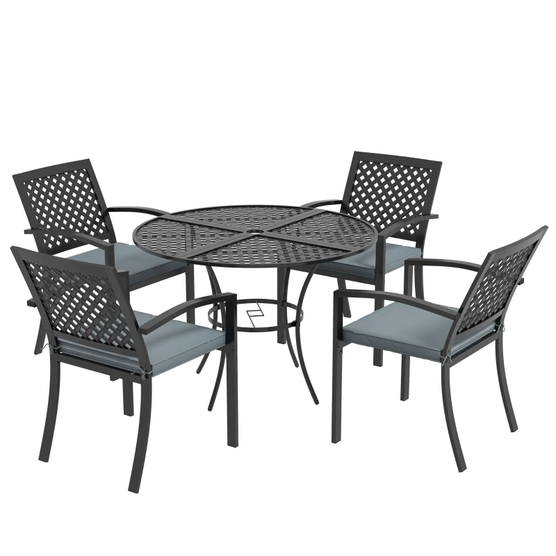 Outsunny 5-Piece Outdoor Dining Set with 4 Stackable Cushioned Armchairs, Patio Furniture Sets with Umbrella Hole Metal Plate Table, for Garden Deck Poolside Lawn Yard, Grey