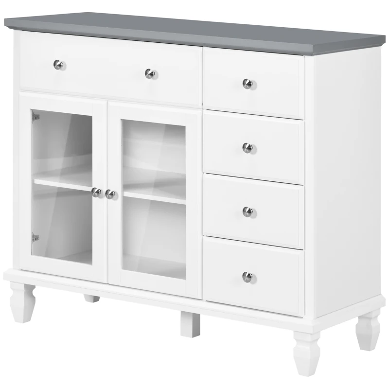 HOMCOM Modern Sideboard Buffet Cabinet with 5 Storage Drawers and Double Glass Door Cupboard for Living Room White