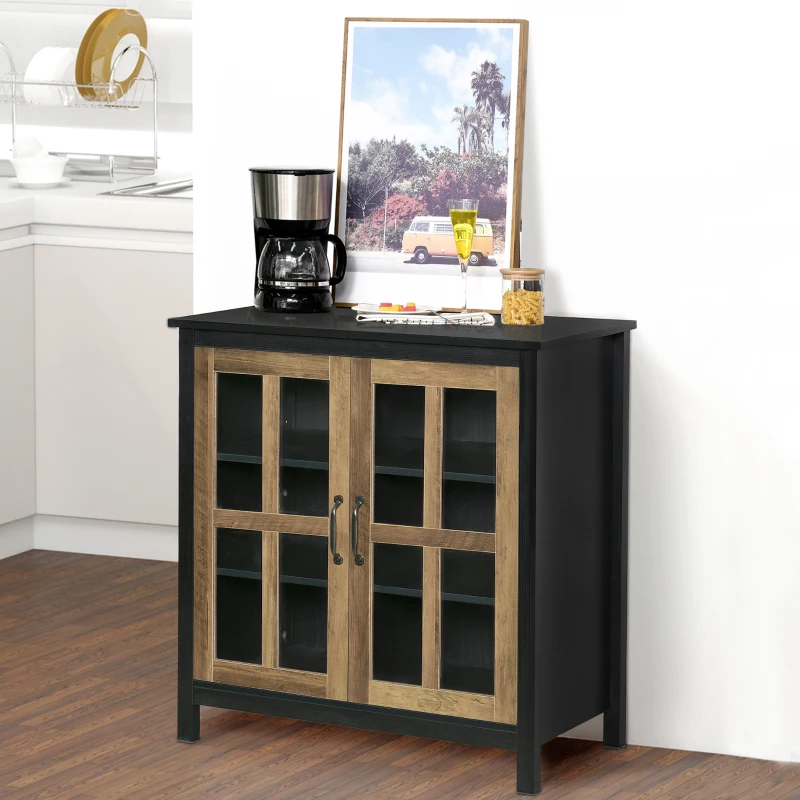 HOMCOM Sideboard Buffet Cabinet, Glass Door Kitchen Cabinet with Storage, Accent Entryway Cabinet with Adjustable Shelf for Living Room, Black Wood Grain