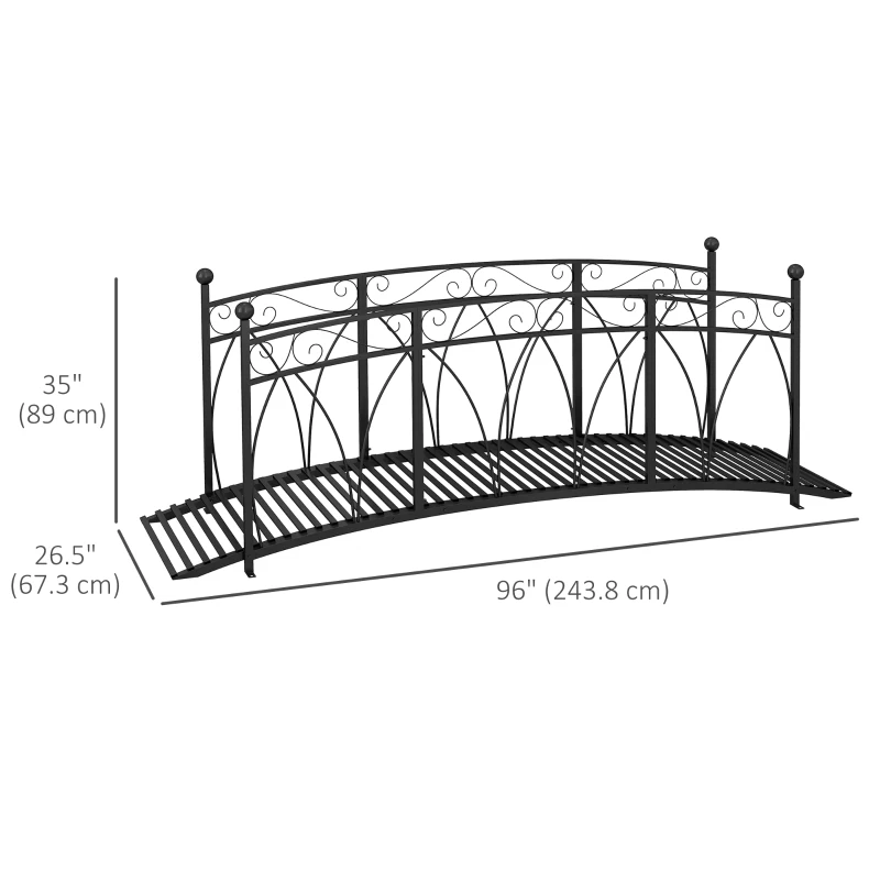 Outsunny 8' Metal Arch Garden Bridge Arc Footbridge with Guardrails and Decorative Scrollwork, Black