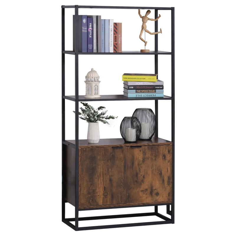 HOMCOM Bookcase with Cabinet, 3-Tiers Bookshelf for Storage, Tall Organizer Multifunctional Rack for Living Room Home Office, Brown