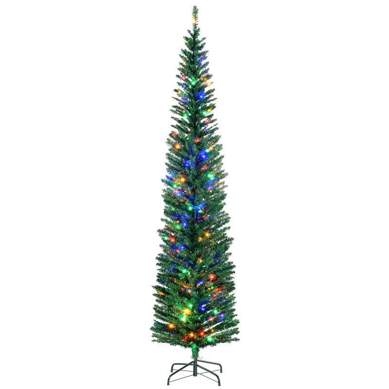 HOMCOM 7.5' Artificial Pencil Christmas Trees Holiday Decoration with Colourful LED Lights, Steel Base, Skinny Shape
