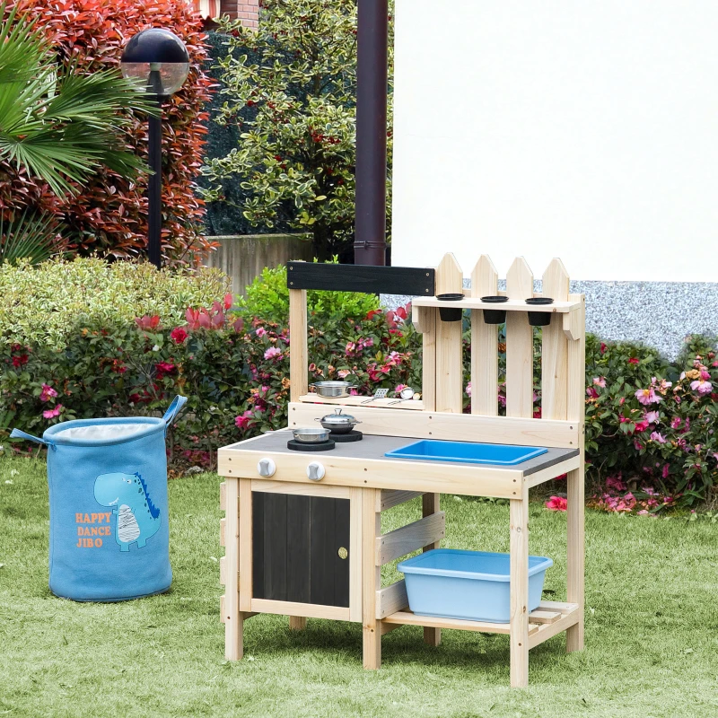 Outsunny Outdoor Kitchen Play Set with Frying Pan, Pretend Play Mud Kitchen for Kids with Removable Sink, Wooden Kitchen Set for Ages 3-7, with Planting Pots, Shelf, Cabinets