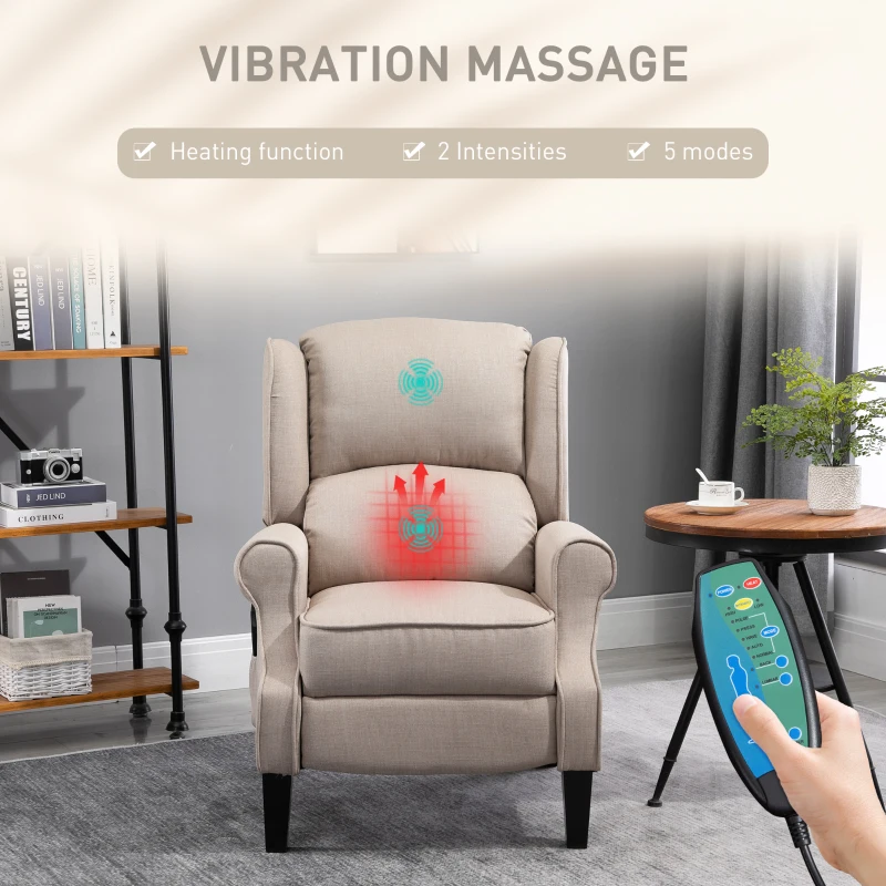 HOMCOM Vibration Massage Recliner Chair for Living Room with Heat,  Wingback Single Sofa, Modern Linen Fabric Push Back Reclining Chair with Footrest, Side Pocket, Dark Beige