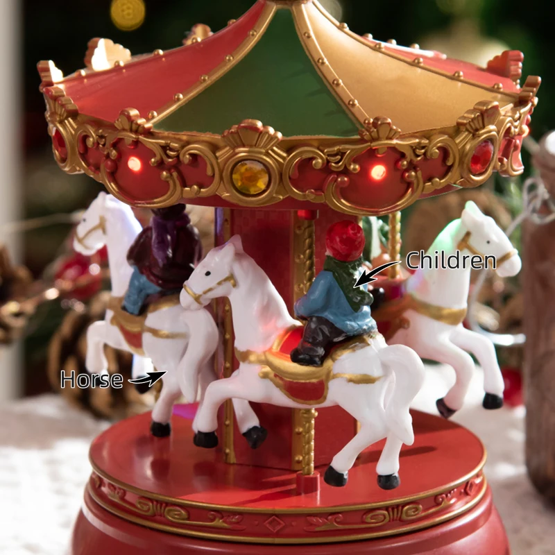 HOMCOM Carousel Music Box with LED Light, Figurine, 3-Horse Musical Carousel, Battery Operated Merry Go Round for Anniversary Birthday Christmas