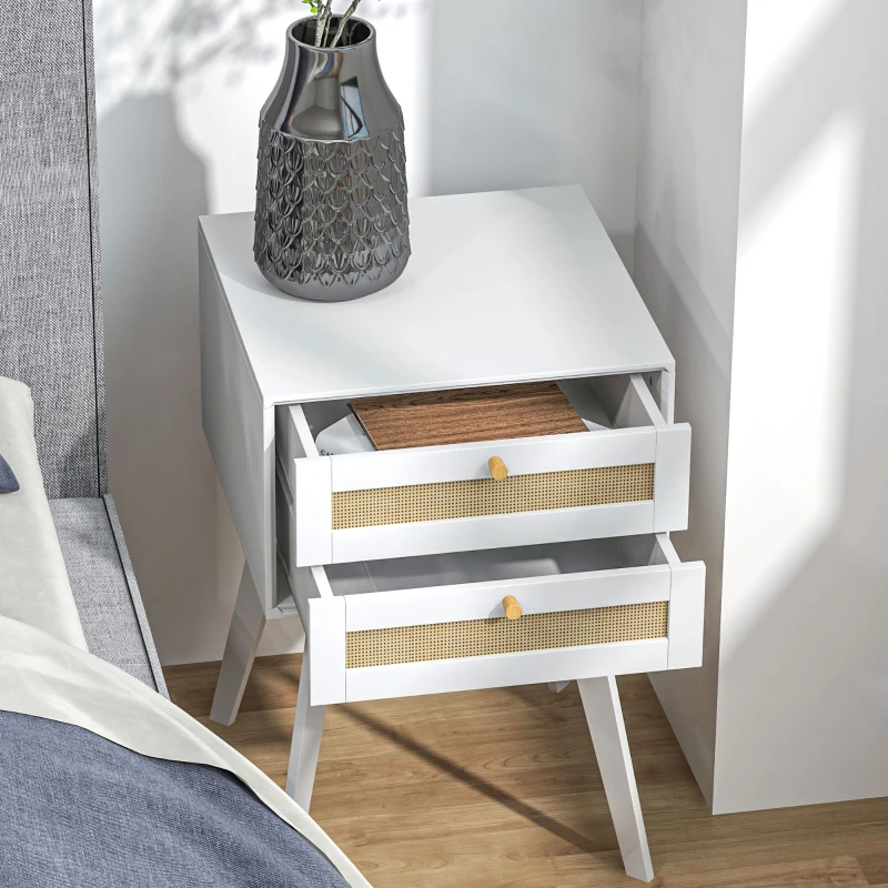 HOMCOM Boho Night Stands Set of 2, Bedside Tables with 2 Rattan Drawers, Square End Tables for Bedroom, Living Room