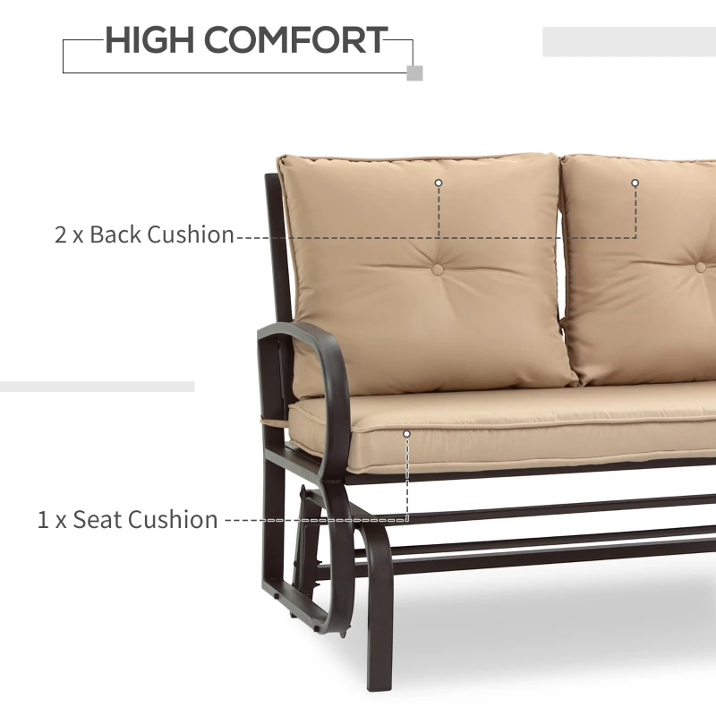 Outsunny 2-Person Outdoor Glider Chair, Patio Double Rocking Loveseat with Steel Frame and Cushions for Backyard, Garden and Porch, Khaki