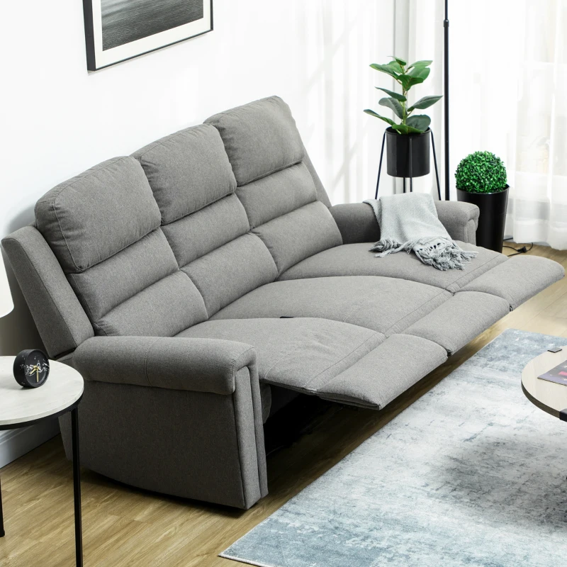 HOMCOM 3 Seater Recliner Sofa with Manual Pull Tab, Fabric Reclining Sofa, RV Couch, Home Seating, Gray