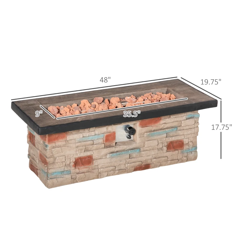 Outsunny 48 Inch Outdoor Propane Gas Fire Pit Table, 50,000 BTU Auto-Ignition Rectangular Faux Ledge Stone Gas Firepit with Lava Rocks and Rain Cover, CSA Certification, Brown