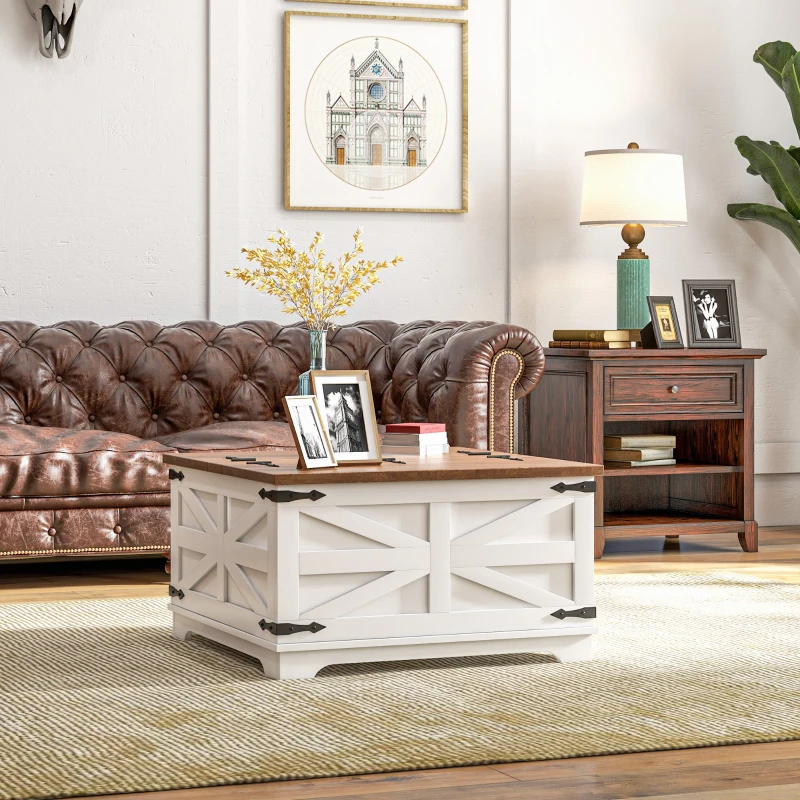 HOMCOM Farmhouse Coffee Table, Square Center Table with Flip-top Lids, Hidden Storage Compartment, White