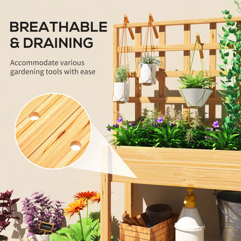 Outsunny Wooden Raised Garden Bed with Trellis, Outdoor Planter Box with Storage Shelf for Vegetables, Flowers, Herbs