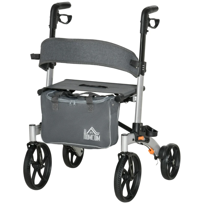 HOMCOM Aluminum Rollator Walker for Seniors and Adults with 10'' Wheels FSA HSA Eligible, Seat and Backrest, Folding Rolling Walker with Adjustable Handle and Storage Bag, Support up to 300lbs, Gray