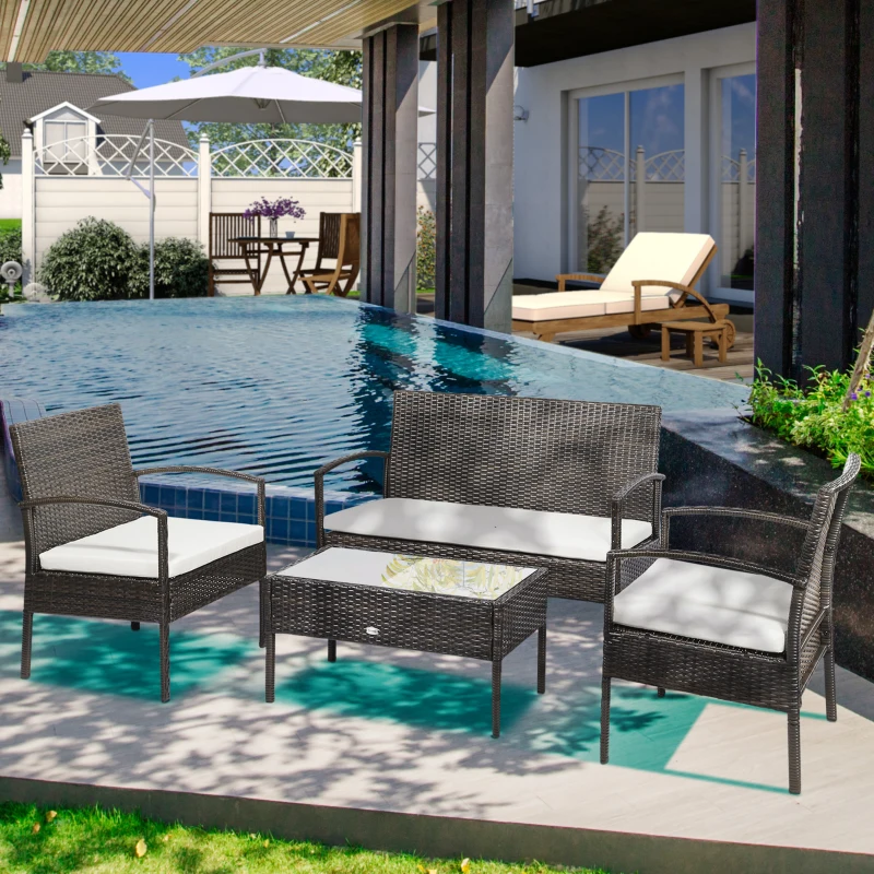 Outsunny Patio Furniture Set, 4 Piece Indoor Outdoor PE Wicker Conversation Set with Chairs, Loveseat Sofa, Cushions, Glass Table for Backyard, Sunroom, Pool, Garden, Brown