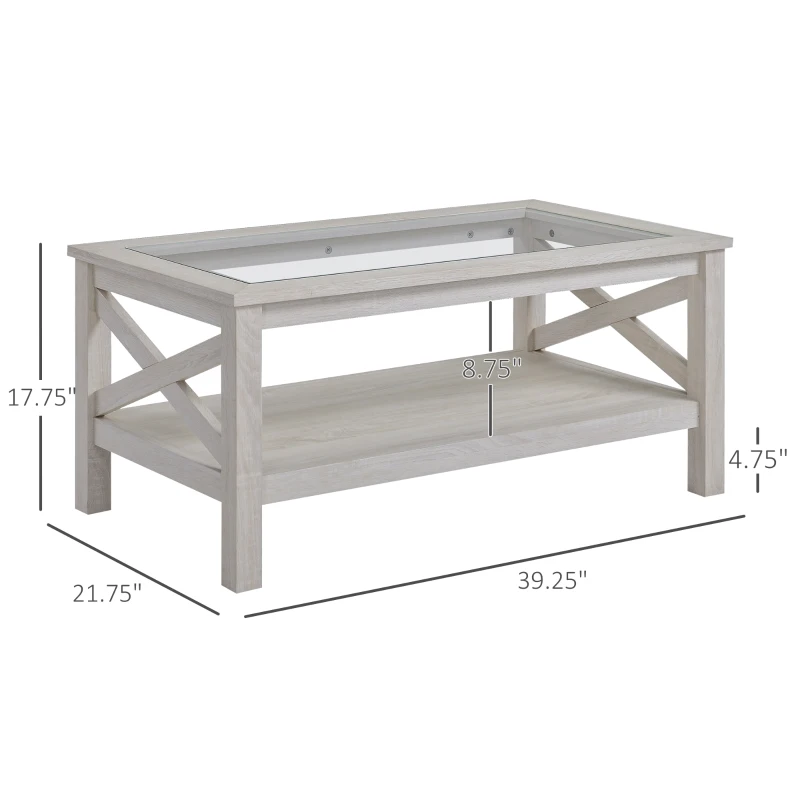 HOMCOM Coffee Table with Tempered Glass Tabletop, Living Room Table with Wood Frame and Underneath Storage Shelf, White Oak
