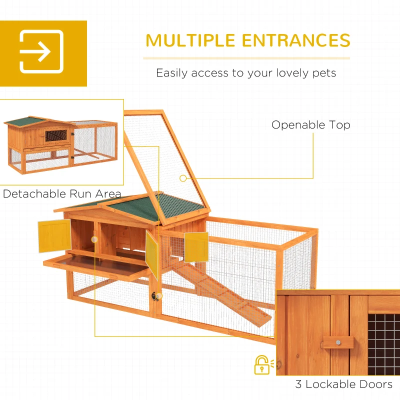 PawHut Wooden Rabbit Hutch Guinea Pig House with Removable Tray, Openable Roof, Trough, Run for Tortoises and Ferrets, Orange
