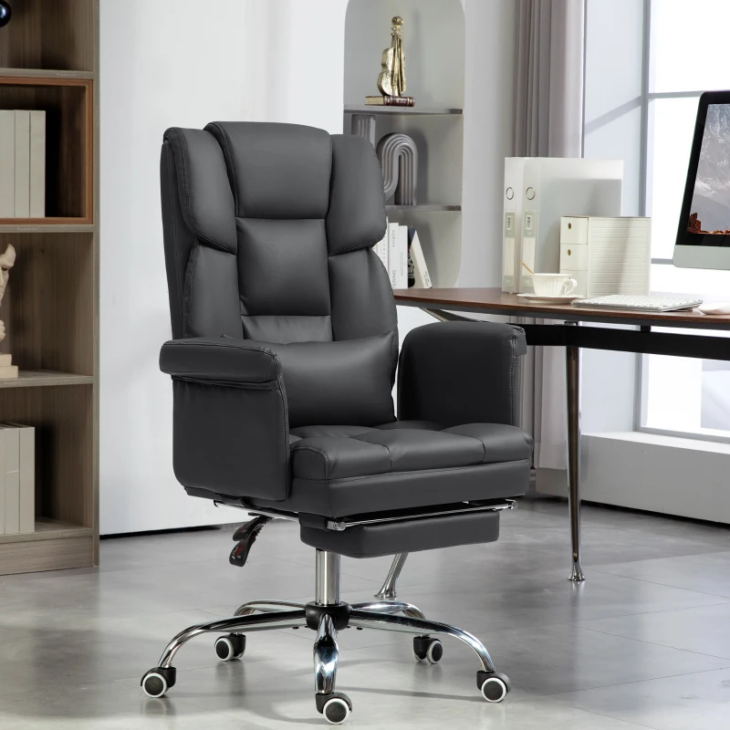 HOMCOM Executive Office Chair with Footrest and Lumbar Support, PU Leather Desk Chair, Ergonomic, Reclining and Swivel, Black